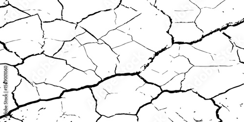 A high-contrast black and white texture of cracked earth or dry, parched ground. The image features irregular, jagged fissures and organic shapes, creating a fragmente.