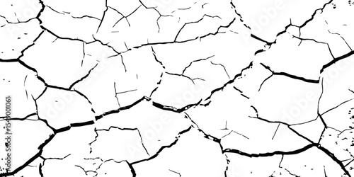 A high-contrast black and white texture of cracked earth or dry, parched ground. The image features irregular, jagged fissures and organic shapes, creating a fragmente.