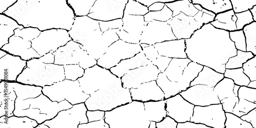 A high-contrast black and white texture of cracked earth or dry, parched ground. The image features irregular, jagged fissures and organic shapes, creating a fragmente.