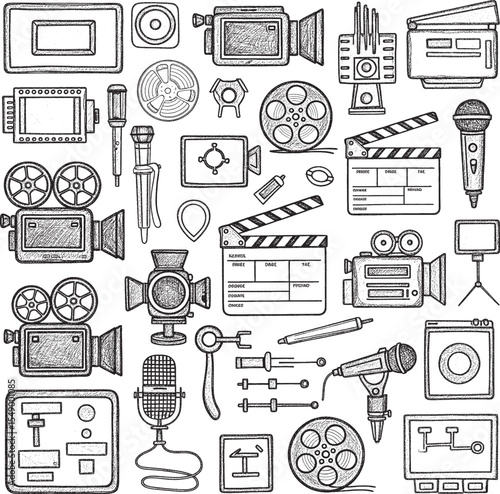 Chalkboard-style hand-drawn icons illustrating various professional film production and video recording equipment.