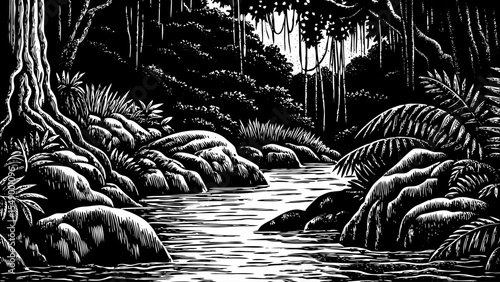 River flowing through a lush tropical rainforest with hanging vines and mossy rocks, a black and white sketch vector