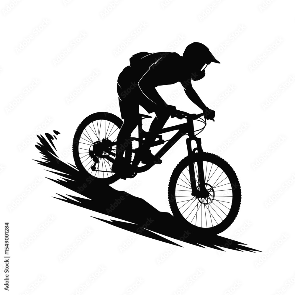 Naklejka premium Black Silhouette Mountain Biker Descending Hill Extreme Sports Action Vector Graphic white