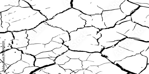 A high-contrast black and white texture of cracked earth or dry, parched ground. The image features irregular, jagged fissures and organic shapes, creating a fragmente.