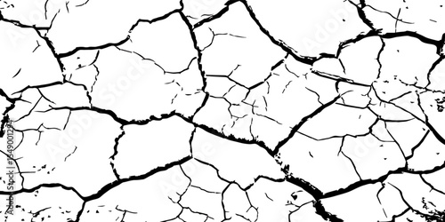 A high-contrast black and white texture of cracked earth or dry, parched ground. The image features irregular, jagged fissures and organic shapes, creating a fragmente.