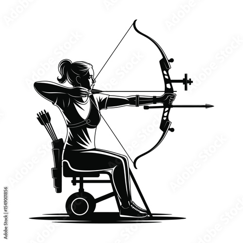 Woman Wheelchair Archer Silhouette Black and White Archery Competition Disabled Athlete Sports female 1