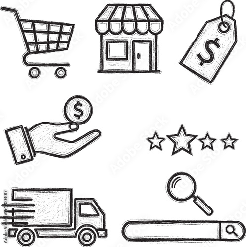 Chalkboard-style hand-drawn icons related to online shopping, e-commerce, and retail.
