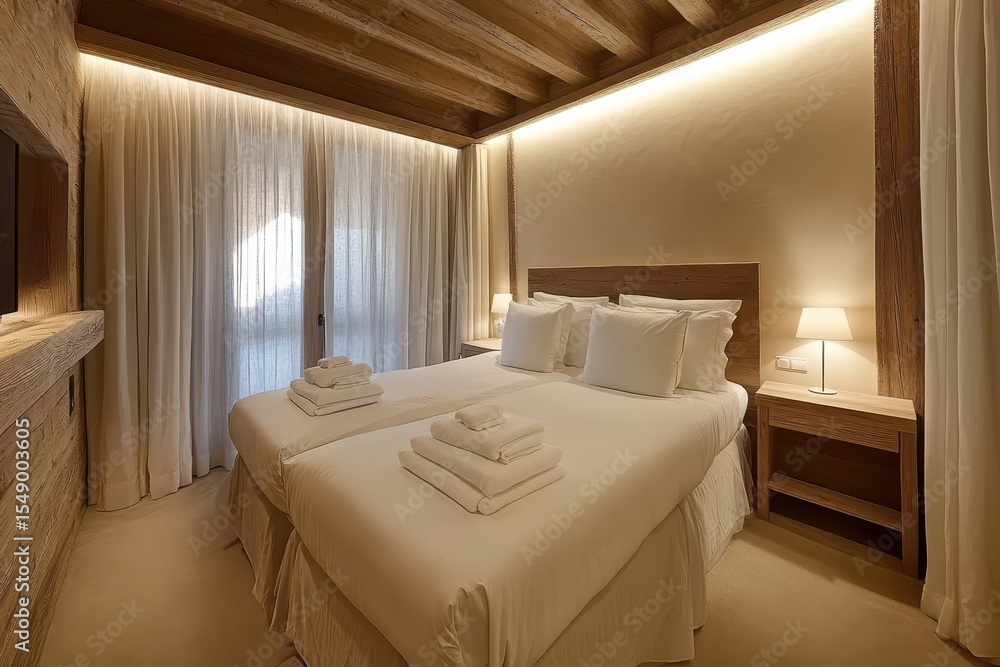 Fototapeta premium Double bed in a light-filled bedroom with wooden accents.