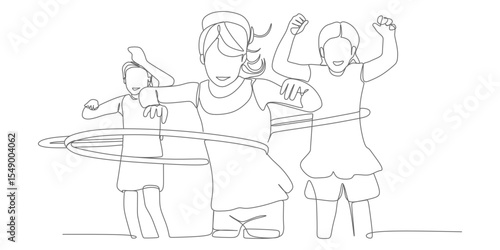 Kids Playing with Hula Hoops – Minimalist Continuous‑Line Vector Illustration