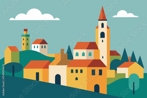 Charming european village hilltop landscape illustration