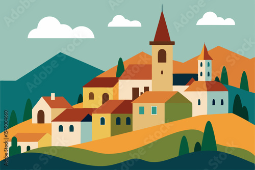 Charming hilltop village in mountains landscape illustration