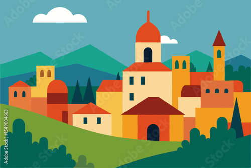 Mediterranean village landscape illustration