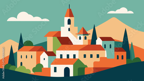Mediterranean village landscape illustration