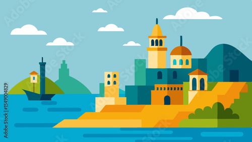 Coastal town with mediterranean architecture and a sailboat
