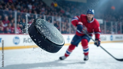 hockey player wearing blue and red uniform move on dark stadium background throws the puck to the foreground. copy space banner