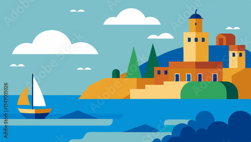 Mediterranean coastal town with sailboat and blue sea