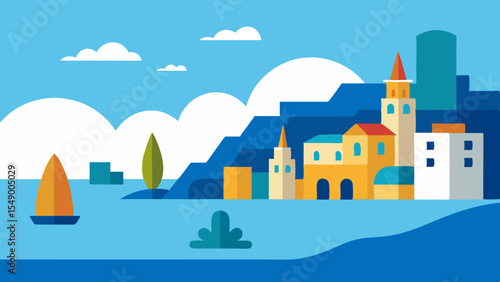 Mediterranean coastal town landscape illustration