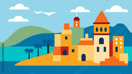 Coastal town illustration mediterranean style