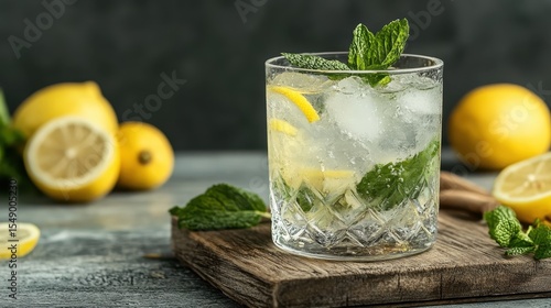 A vibrant cocktail filled with fresh lemon, mint leaves, and ice cubes, evoking a sense of refreshment and joy, perfect for warm days and relaxing moments.