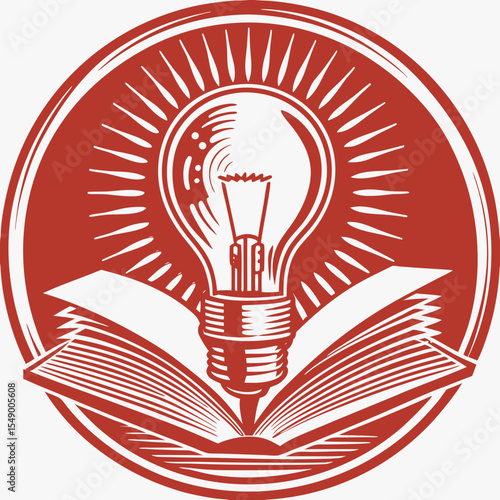 Red lightbulb emblem with open book, for education and knowledge
