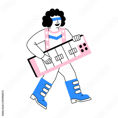 Drawing style illustration of an expressive keytar player
