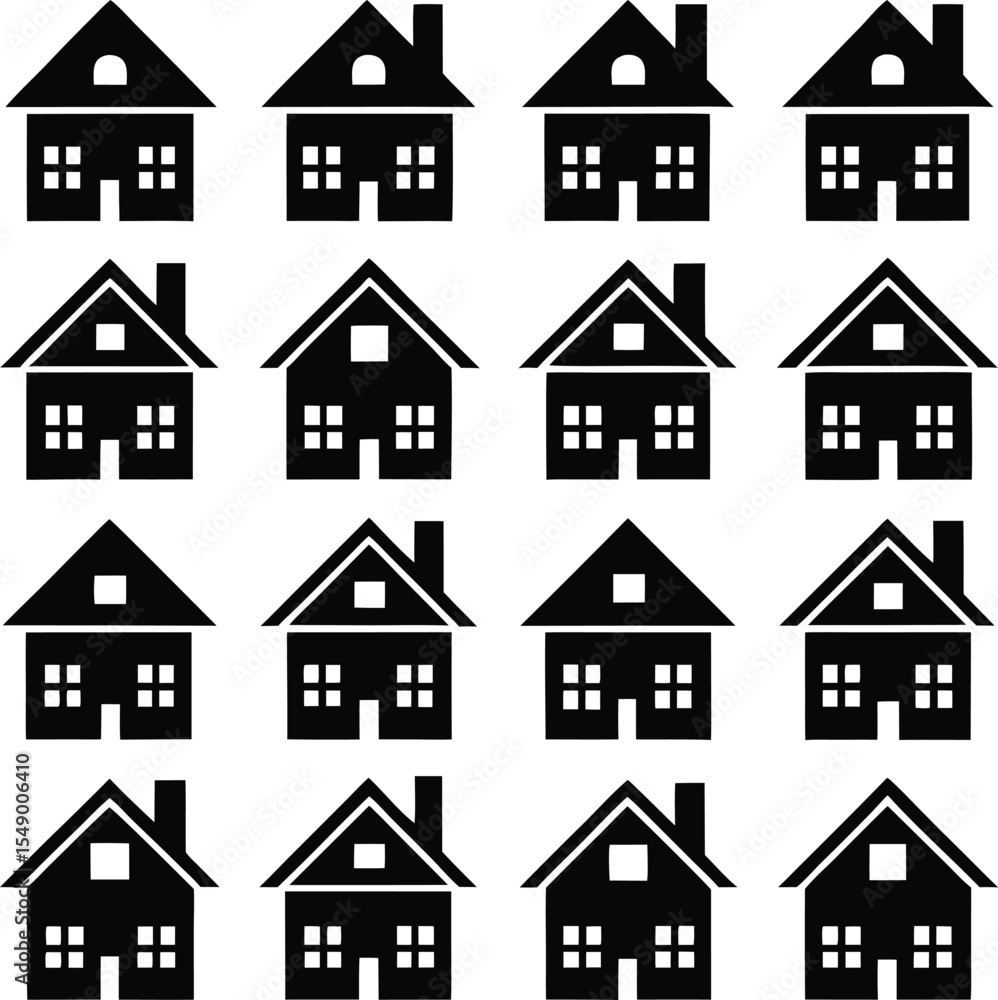 Fototapeta premium Monochrome Pattern of Stylized House Icons with Various Roof Styles and Window Arrangements Arranged in a Grid Pattern on a White Background Minimalist Design