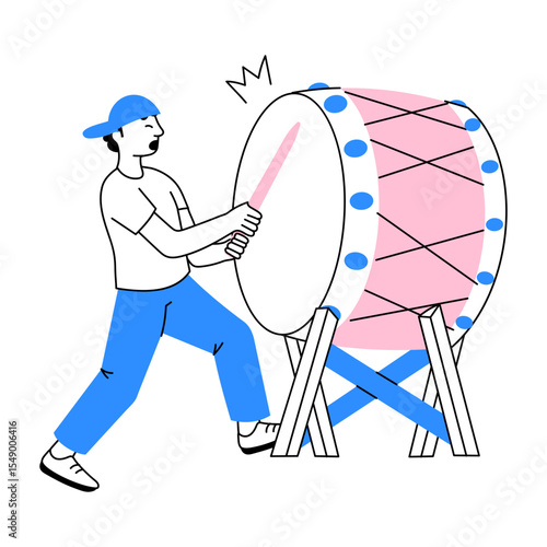 Hand drawn style illustration of a loud taiko drummer