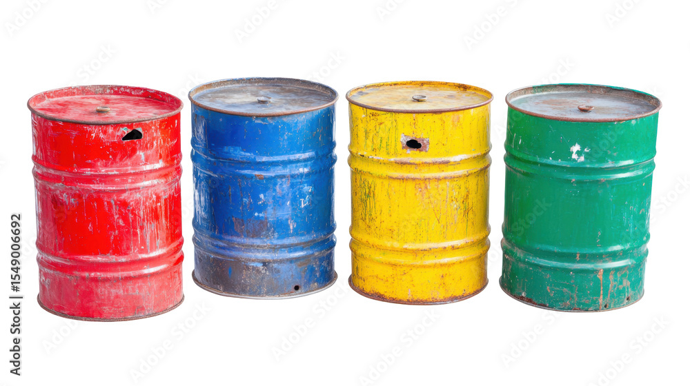 Collection of Colorful, Rusty Metal Barrels in Red, Blue, Yellow, and Green Isolated on Transparent Background Collection of Colorful, Rusty Metal Barrels in Red, Blue, Yellow, and Green Isolated on Transparent Background