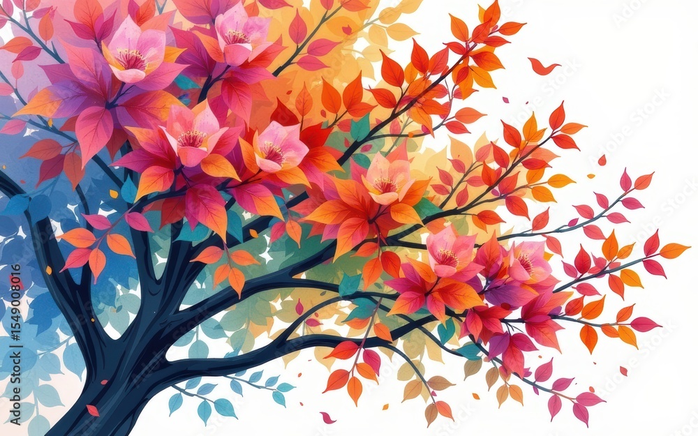 Obraz premium Rehabilitation carbon credit concept. Vibrant tree with colorful leaves and flowers in a whimsical design.