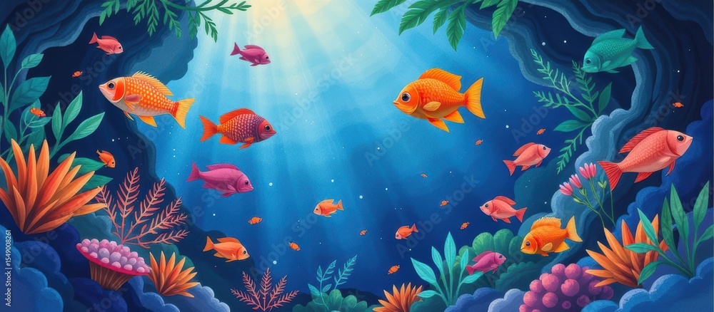 Fototapeta premium Rehabilitation carbon credit concept. Vibrant underwater scene with colorful fish and lush marine life.