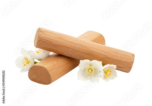 Foto Isolated Sandalwood Logs with Jasmine Flowers for Aromatherapy