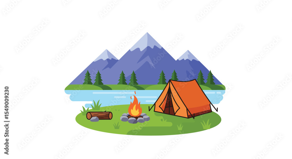 Scenic Camping Adventure by Mountain Lake at Sunset isolated on white background. Scenic Camping Adventure by Mountain Lake at Sunset isolated on white background.