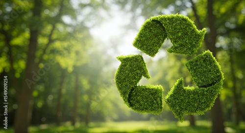 Lush Green Recycling Symbol in a Vibrant Forest Setting: Eco-Consciousness and Sustainable Living
