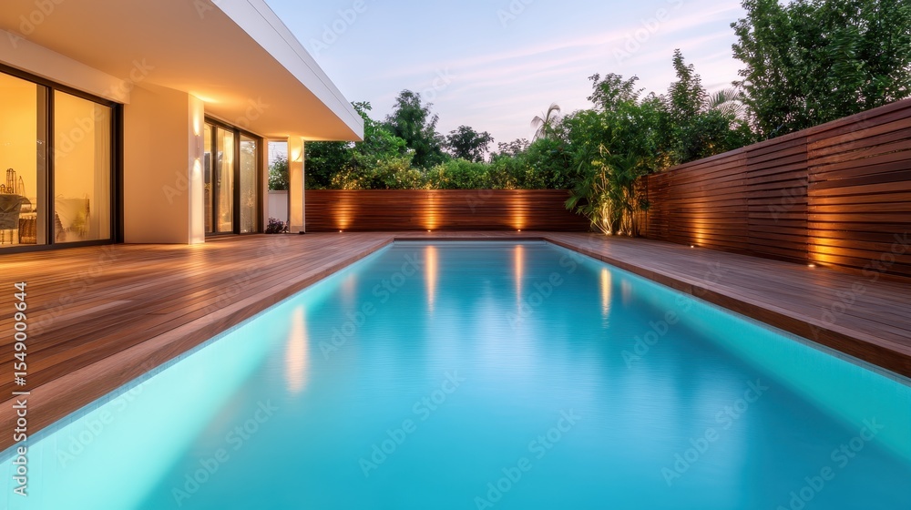 Fototapeta premium This elegant outdoor pool, framed by lush greenery and wooden decking, invites relaxation and enjoyment, making it an ideal space for leisure and tranquility in a modern setting.