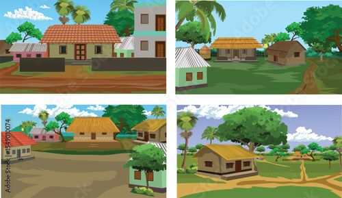 Cartoon Indian Village House Vector Collection | Rural Countryside Scene with Thatched Huts, Clay Houses, Fences, and Palm Trees | Animation Background for Storytelling, Kids Education and Videos

