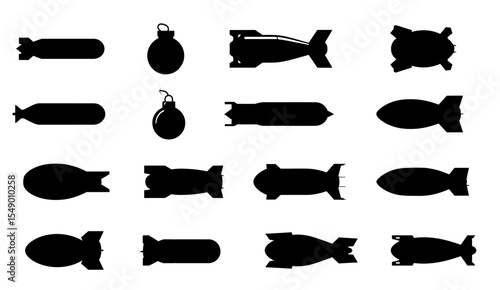  Bomb Silhouette on white background . vector