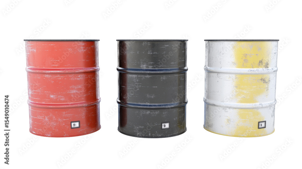 Three Colorful Metal Barrels in Red Black and Silver with Yellow Accents on Transparent Background Three Colorful Metal Barrels in Red Black and Silver with Yellow Accents on Transparent Background