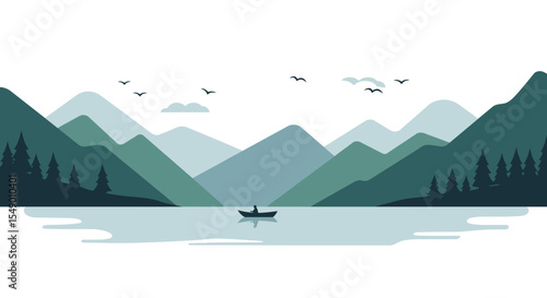 Tranquil Sunset Canoeing on Mountain Lake isolated on white background. 