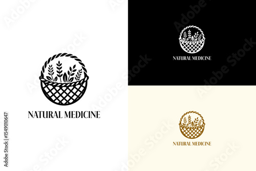 illustration of handwoven basket filled with herbs, icon, vector logo for herbal pharmacy, alternate medicine, botanical, fitness, plant based, health, wellness, natural medicine shop, and more