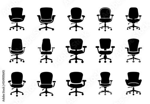 Collection of Office Chair Silhouette Icons Modern Ergonomic Vector Chairs on White Background