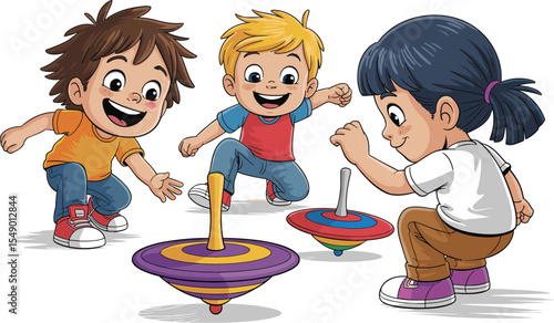 Joyful Children Playing with Colorful Spinning Tops, Fun Outdoor Activity, Cartoon Illustration