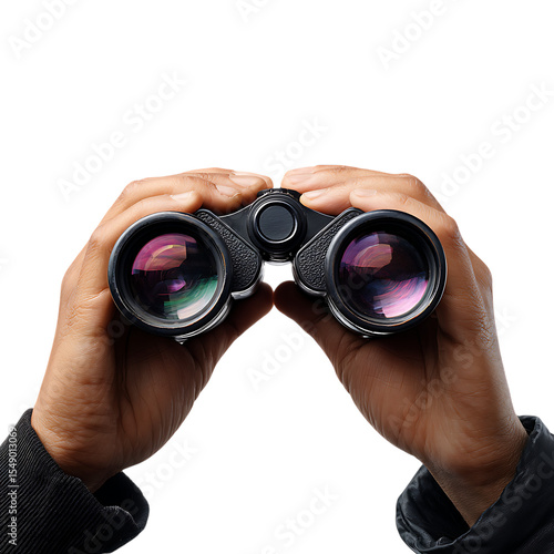 Binoculars Exploring the Horizon  Closeup View of Hands Holding Optics against transparent background
