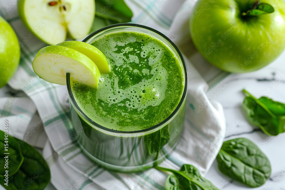 Detox green juice with apple and spinach. Clean health concept with green tones Detox green juice with apple and spinach. Clean health concept with green tones