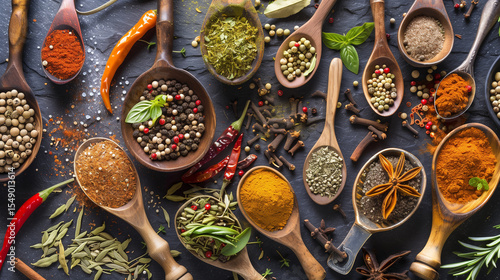 Assorted herbs and spices in artistic arrangement, celebrating natural flavors and culinary diversity
