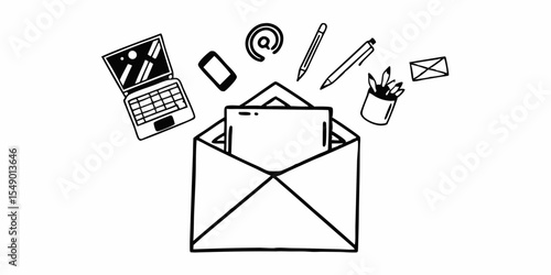 mail Marketing Strategy Illustration – Digital Communication with Office Tools and @ Symbol