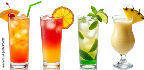 Assorted colorful tropical cocktails with fruit garnish on transparent background