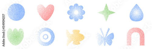 Grain pastel colors noise gradient geometric shape set. Y2k retro heart, drop and fish with flower forms. Gritty grunge butterfly and star icons on white background. Vector stippling illustration.