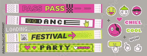 Stickers shapes and bracelet tickets set. Music festival, concert wristbands, patches in retro rave style. Paper y2k stamps and pixel art hand labels. Vector promo tags and 8 bit smiling face badges.
