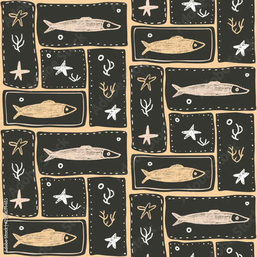 Crayon fish seamless pattern. Sardines hand drawn bento grid endless background. Nautical repeat cover. Sea patchwork continuous ornament. Surface pattern seaweeds motif. Vector linocut illustration.