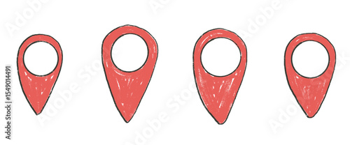 Location map pin crayon drawn set. Road pointer locate hand drawn doodle isolated on white background. Travel destination symbol elements. Vector navigation geo position illustration by pencil.