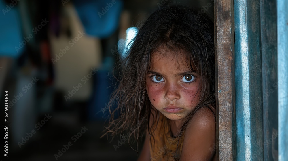 Obraz premium A poignant portrait of a young girl with expressive eyes, reflecting her emotions amidst a challenging environment, highlighting innocence and resilience in difficult situations.